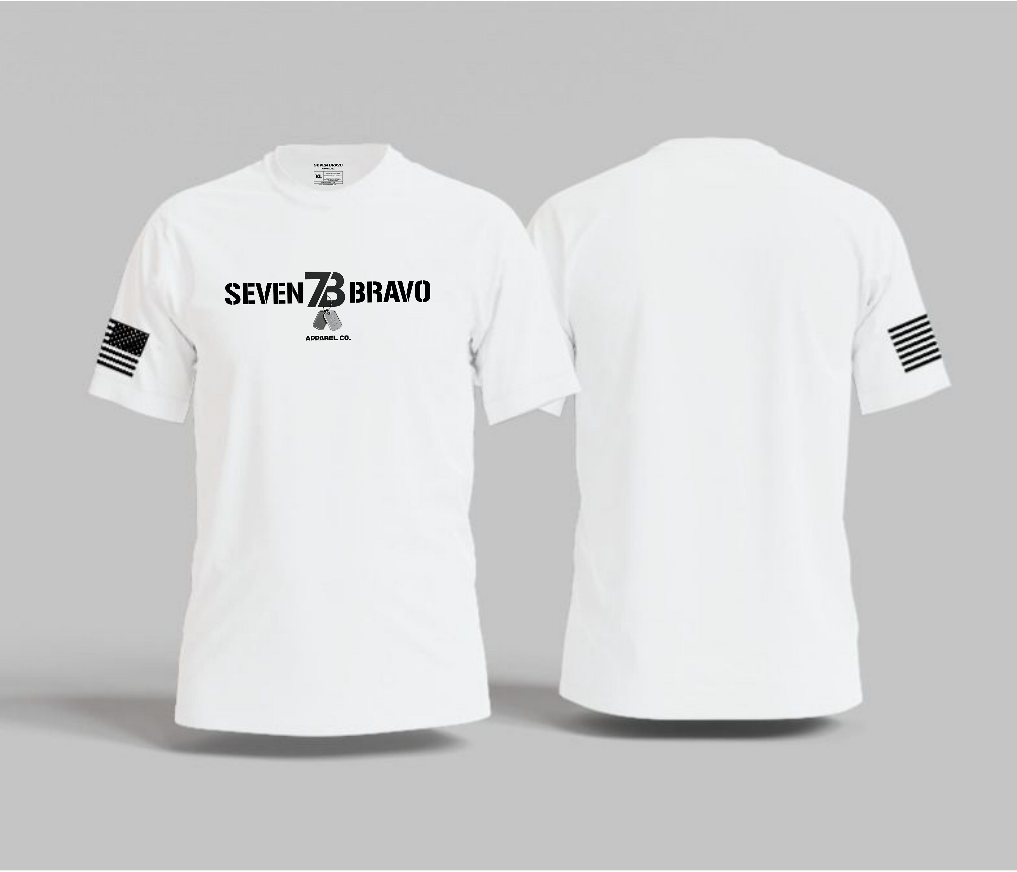 White t-shirt with 'Seven Bravo' logo in black