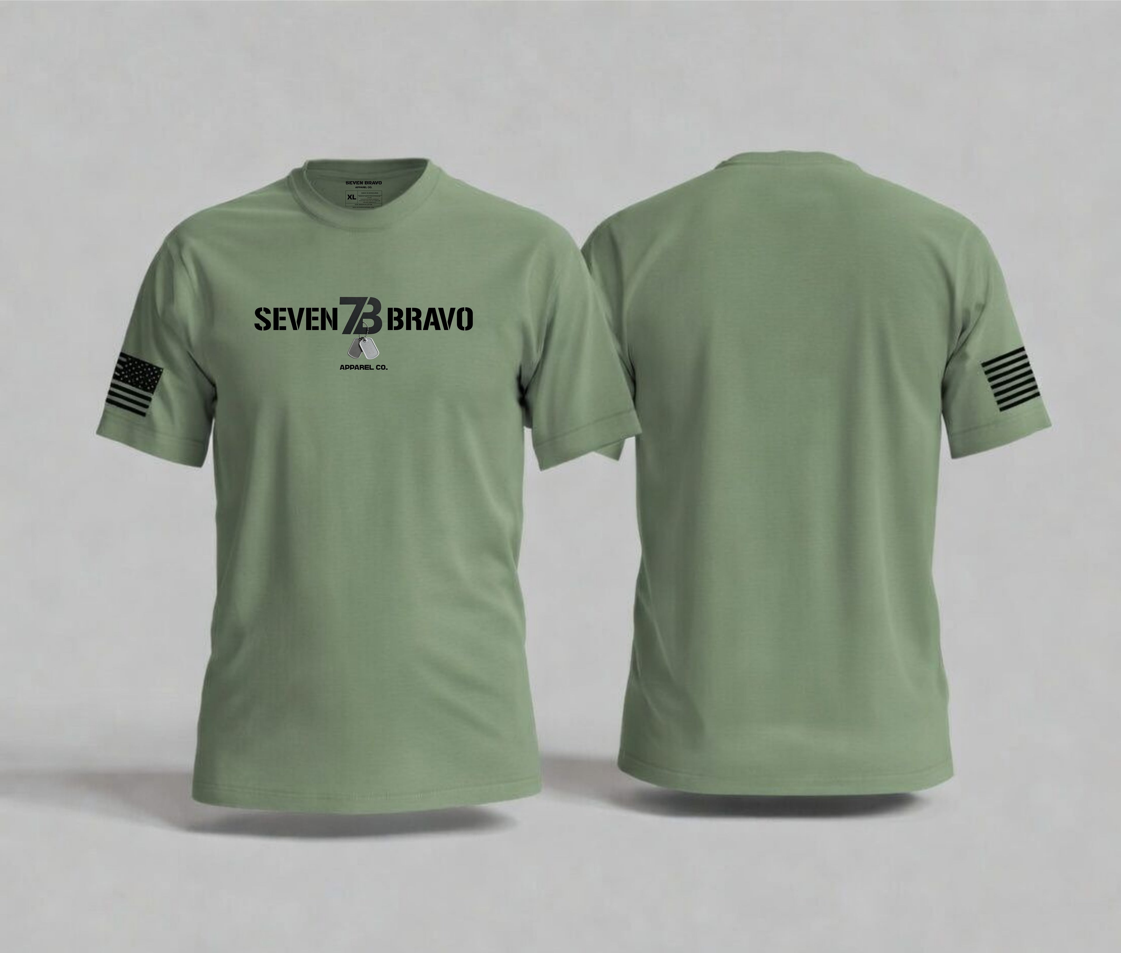 Green t-shirt with 'Seven Bravo' text in black