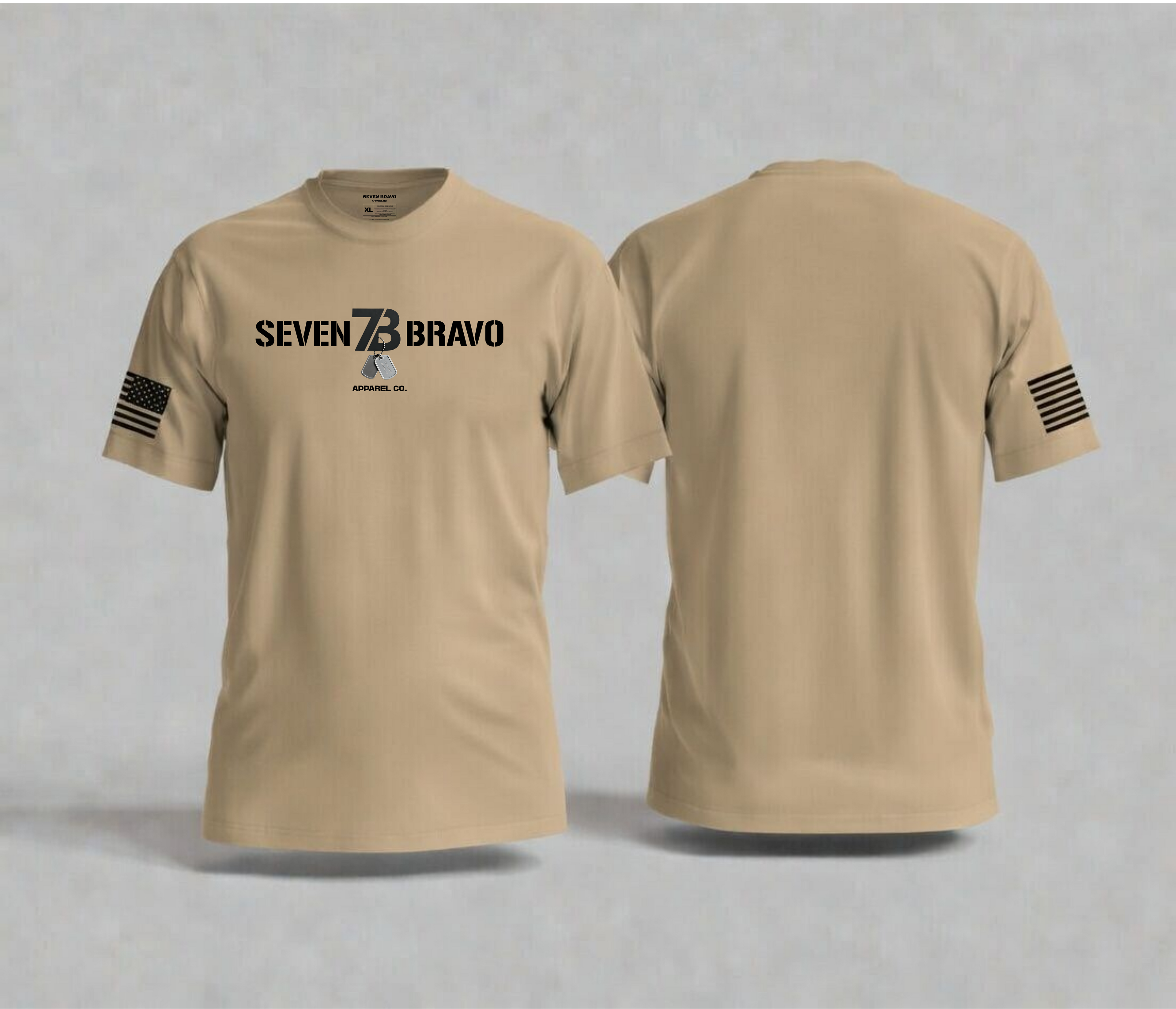 Tan t-shirt with 'Seven Bravo' logo and sleeve patch on a tan background