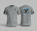Gray t-shirt with front and back designs on a light gray background