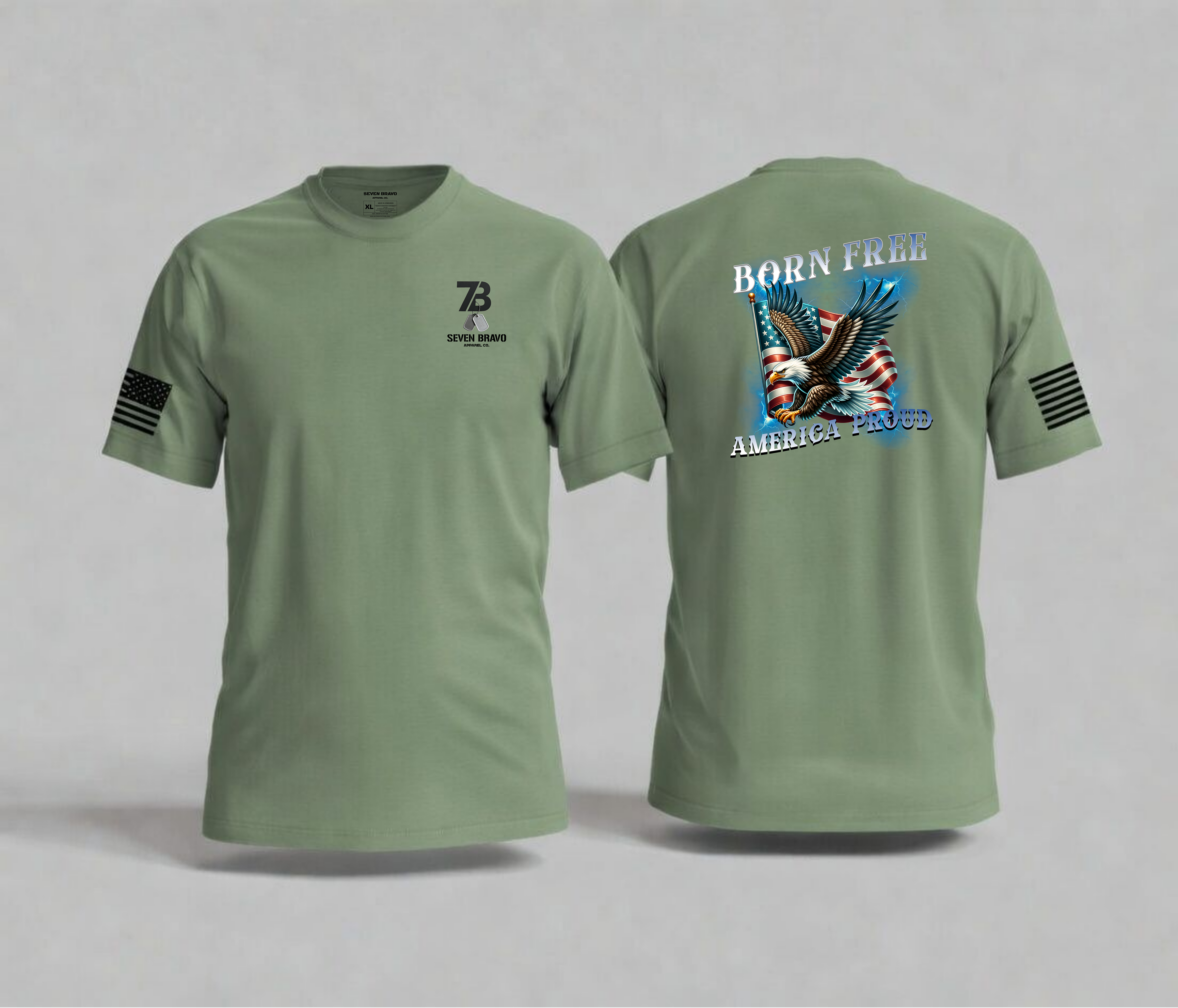 Green t-shirt with front and back designs on a gray background