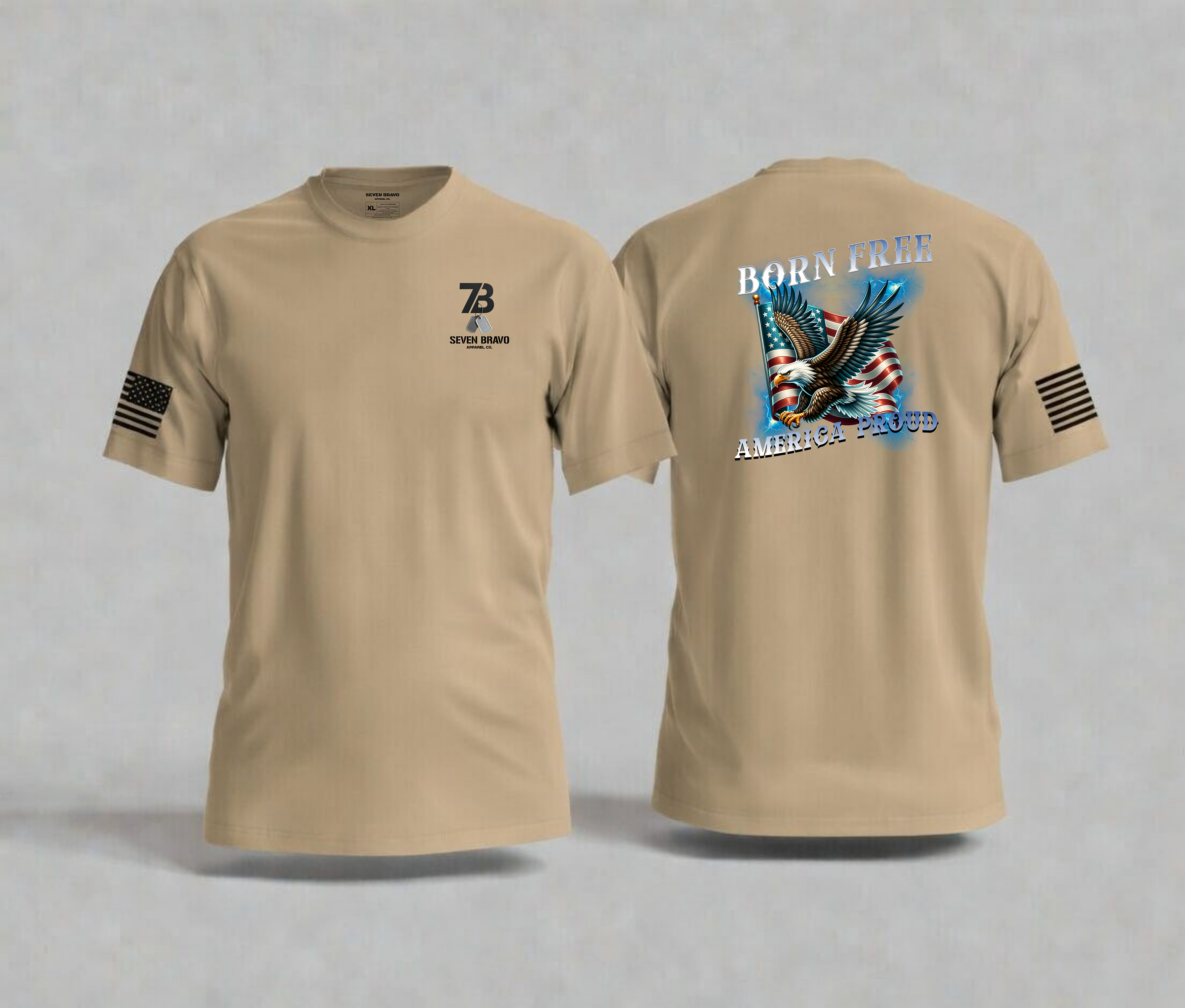 Tan t-shirt with front and back designs on a gray background