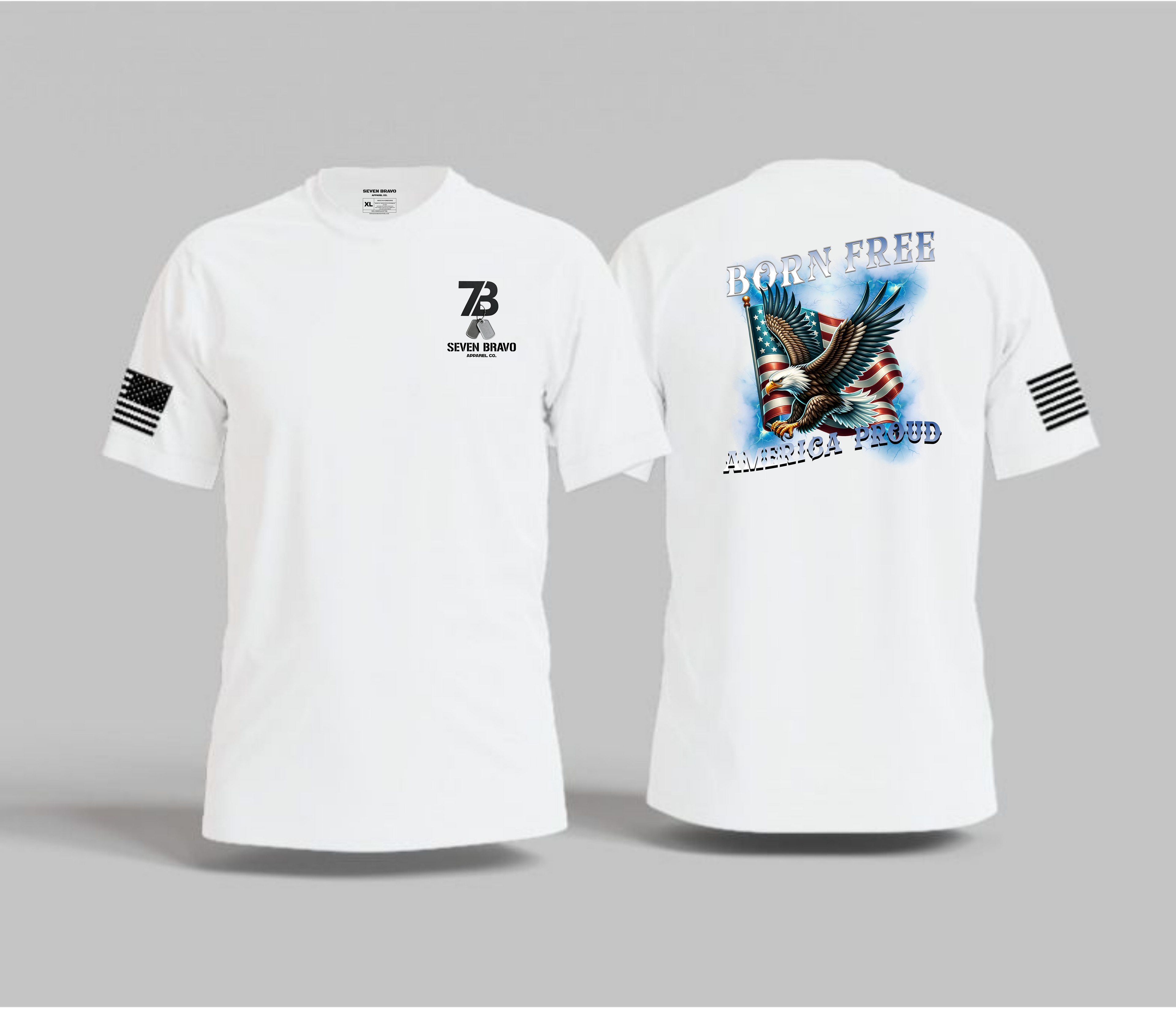 White t-shirt with front and back graphics on a gray background