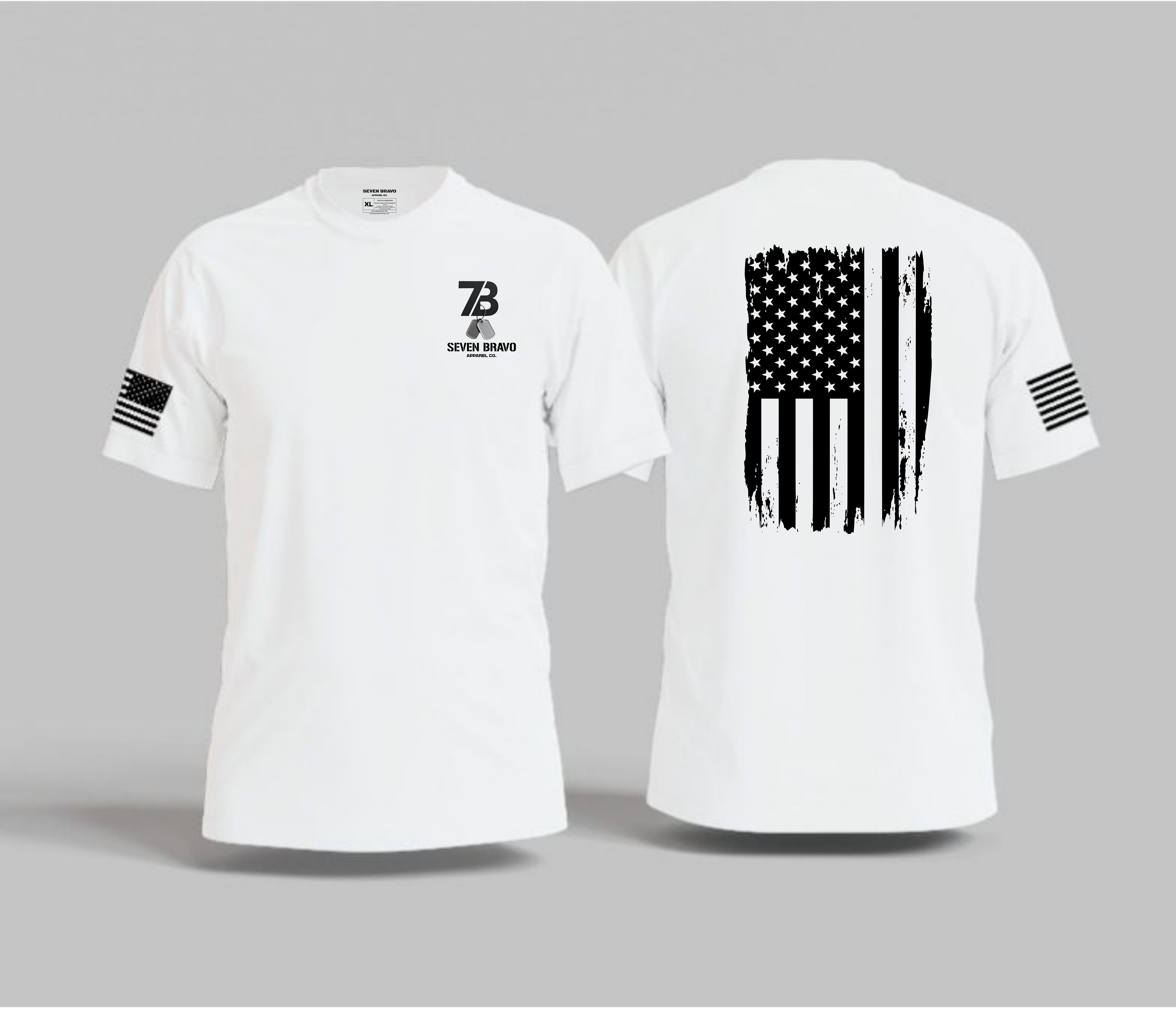 White t-shirt with American flag design on the back and seven bravo logo on the front