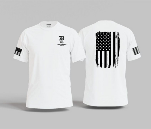 White t-shirt with American flag design on the back and seven bravo logo on the front