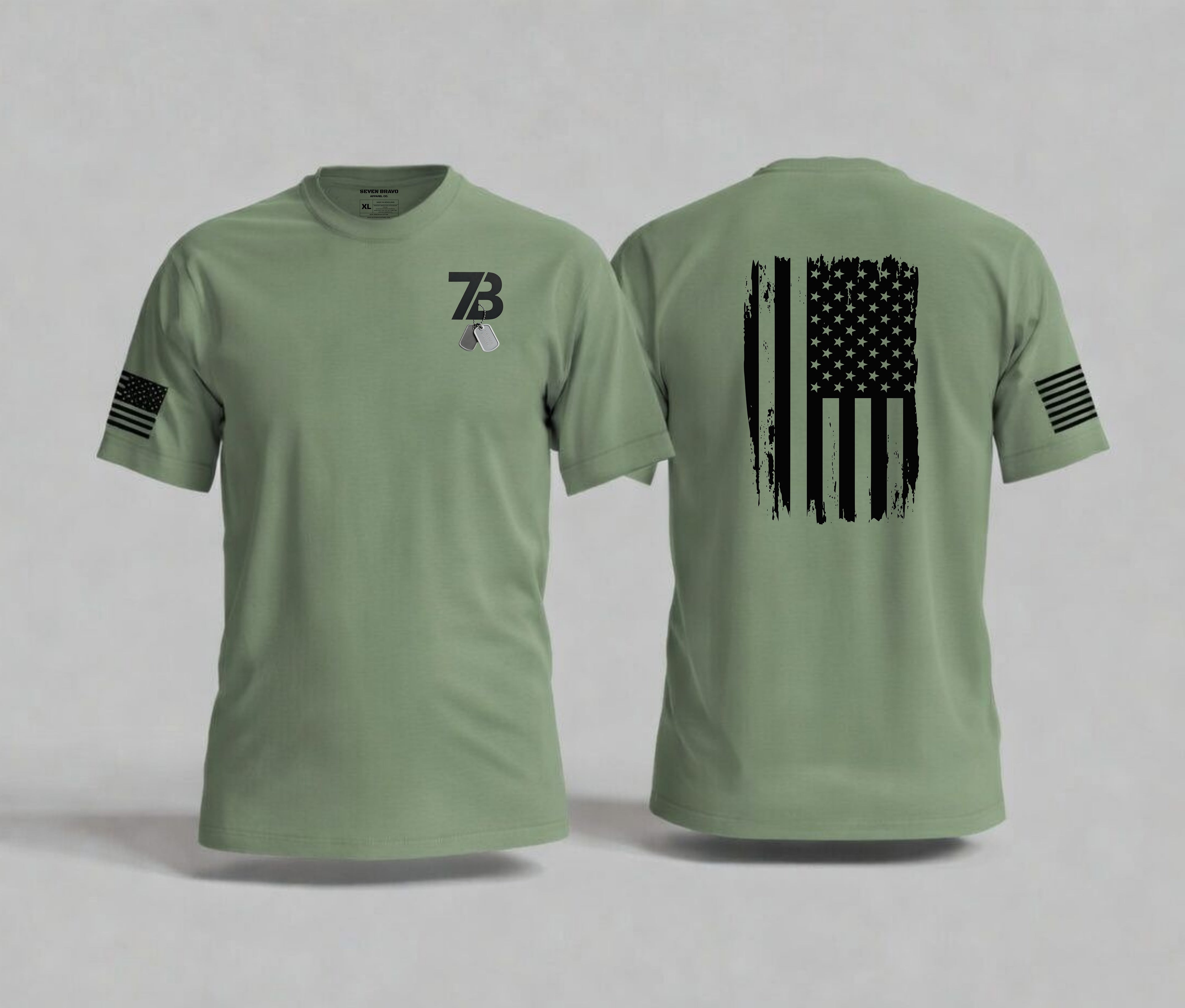 Green t-shirt with American flag design on the back and seven bravo logo on the front