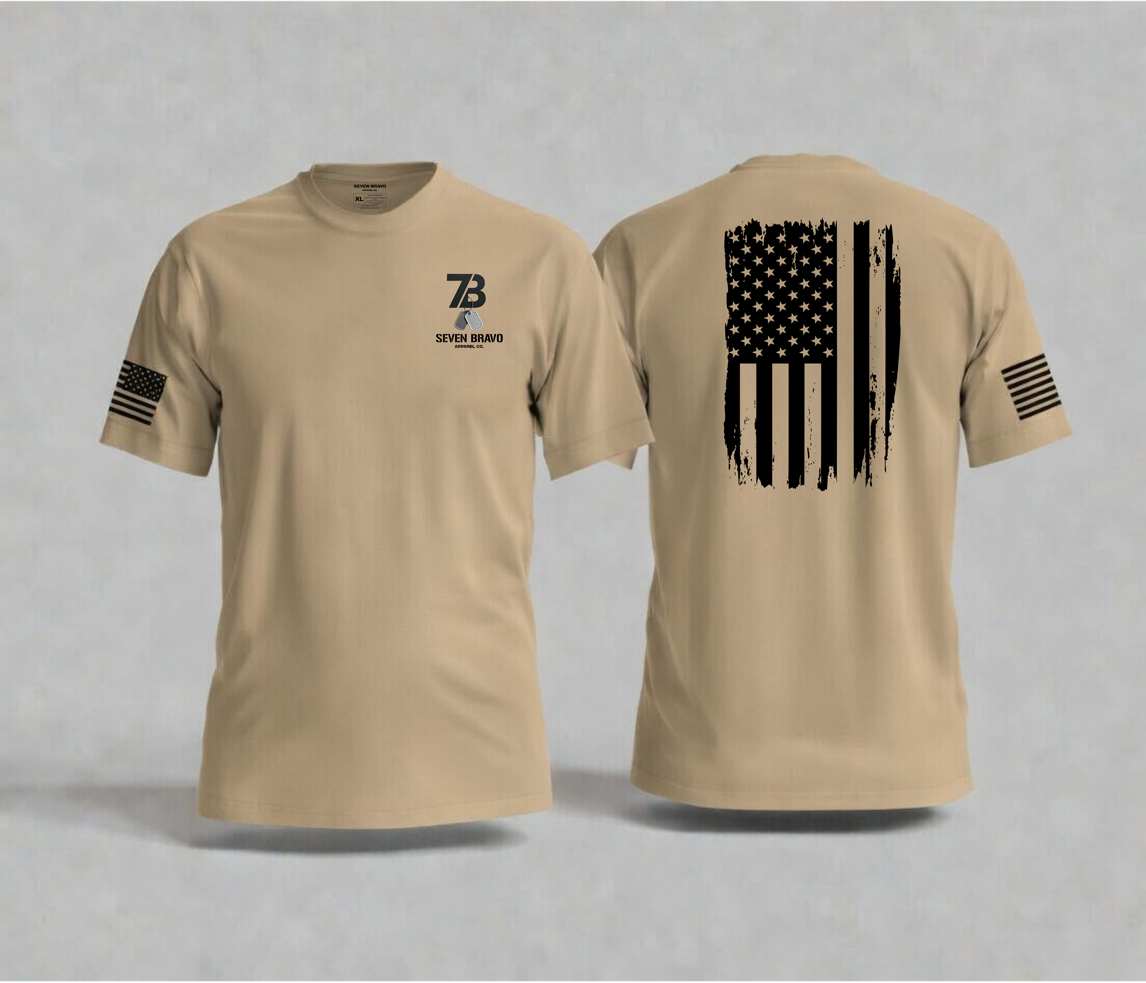 Tan t-shirt with American flag design on the back and seven bravo logo on the front