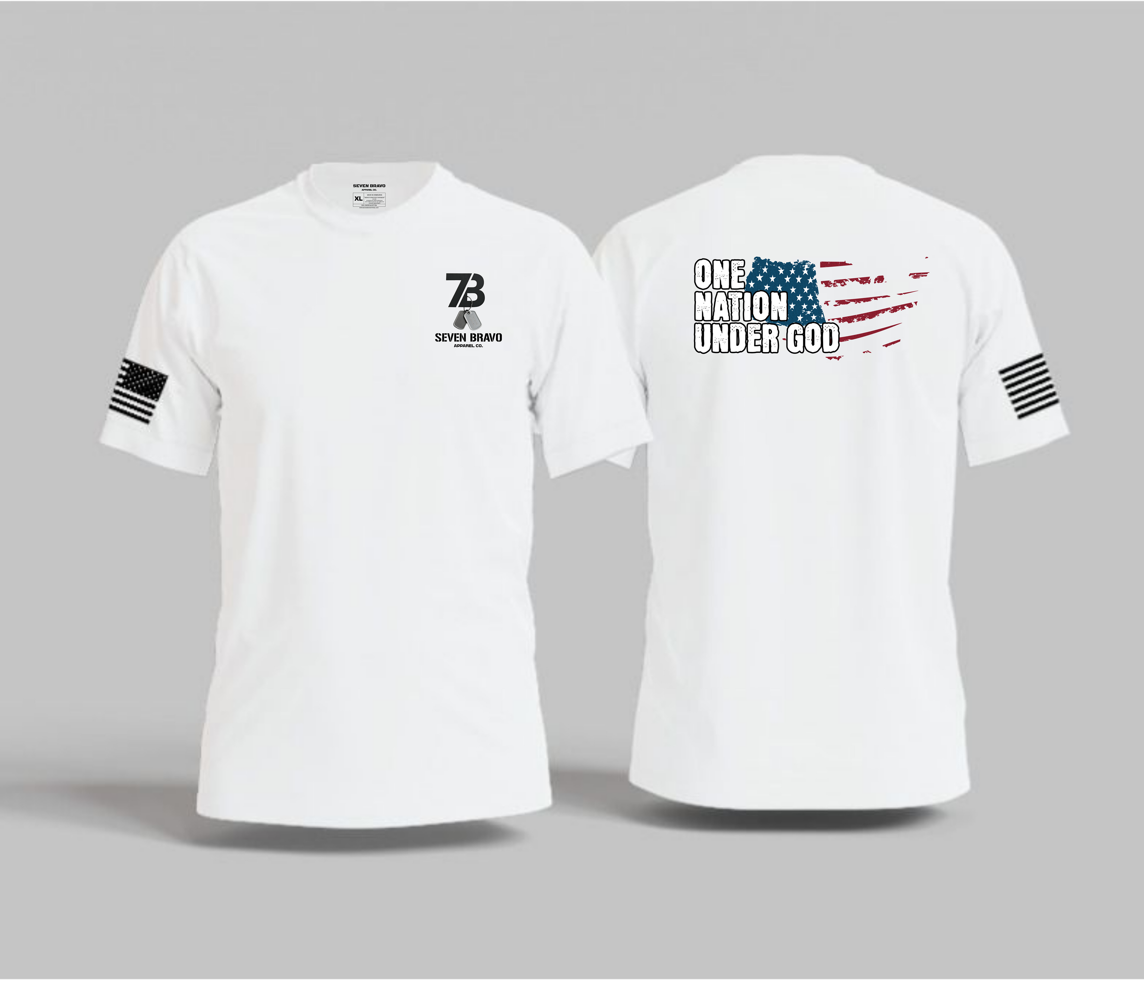 White t-shirt with seven bravo logo on front and color designs on back