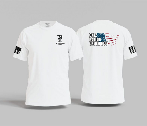 White t-shirt with seven bravo logo on front and color designs on back