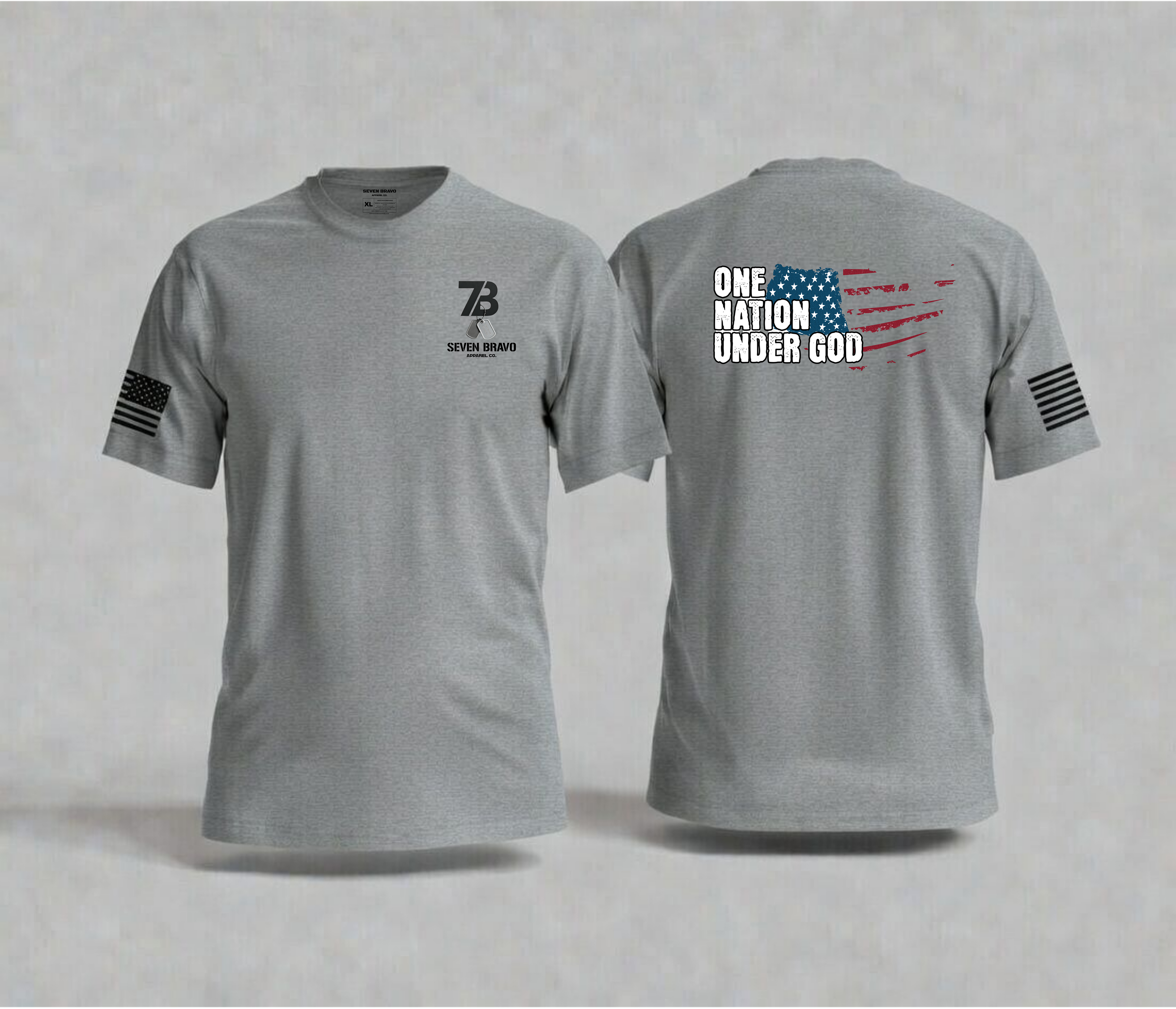 Grey t-shirt with seven bravo logo on front and color designs on back