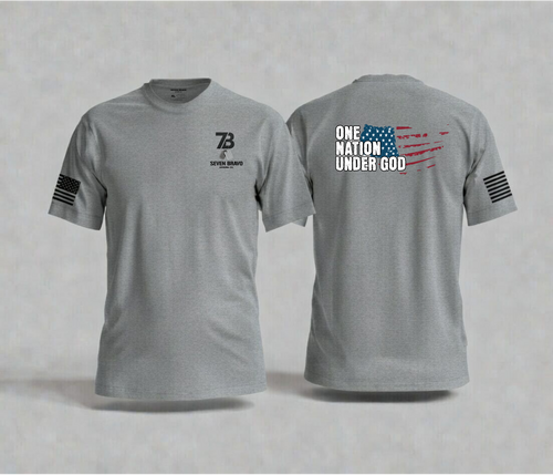 Grey t-shirt with seven bravo logo on front and color designs on back