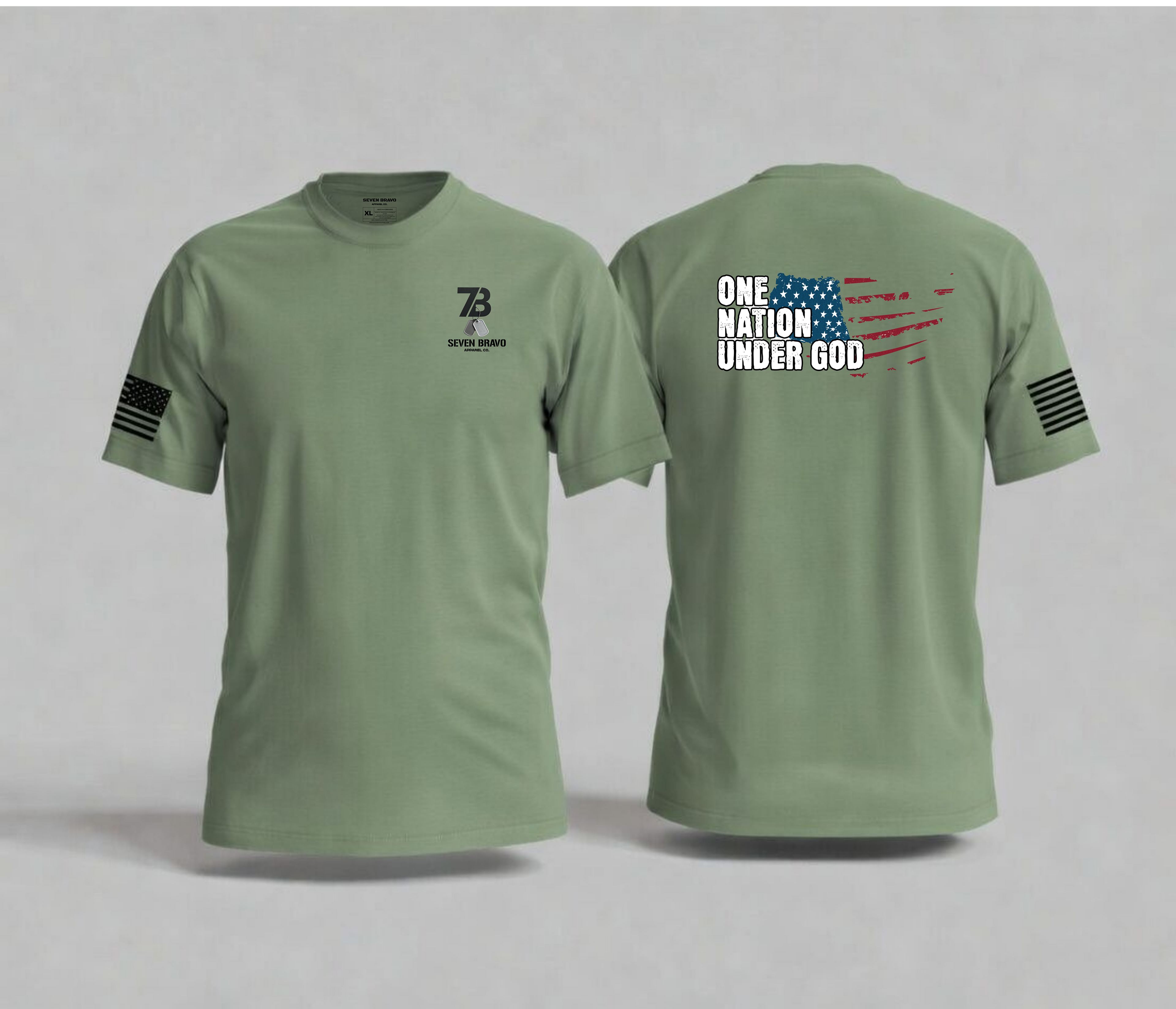 Green t-shirt with seven bravo logo on front and color designs on back