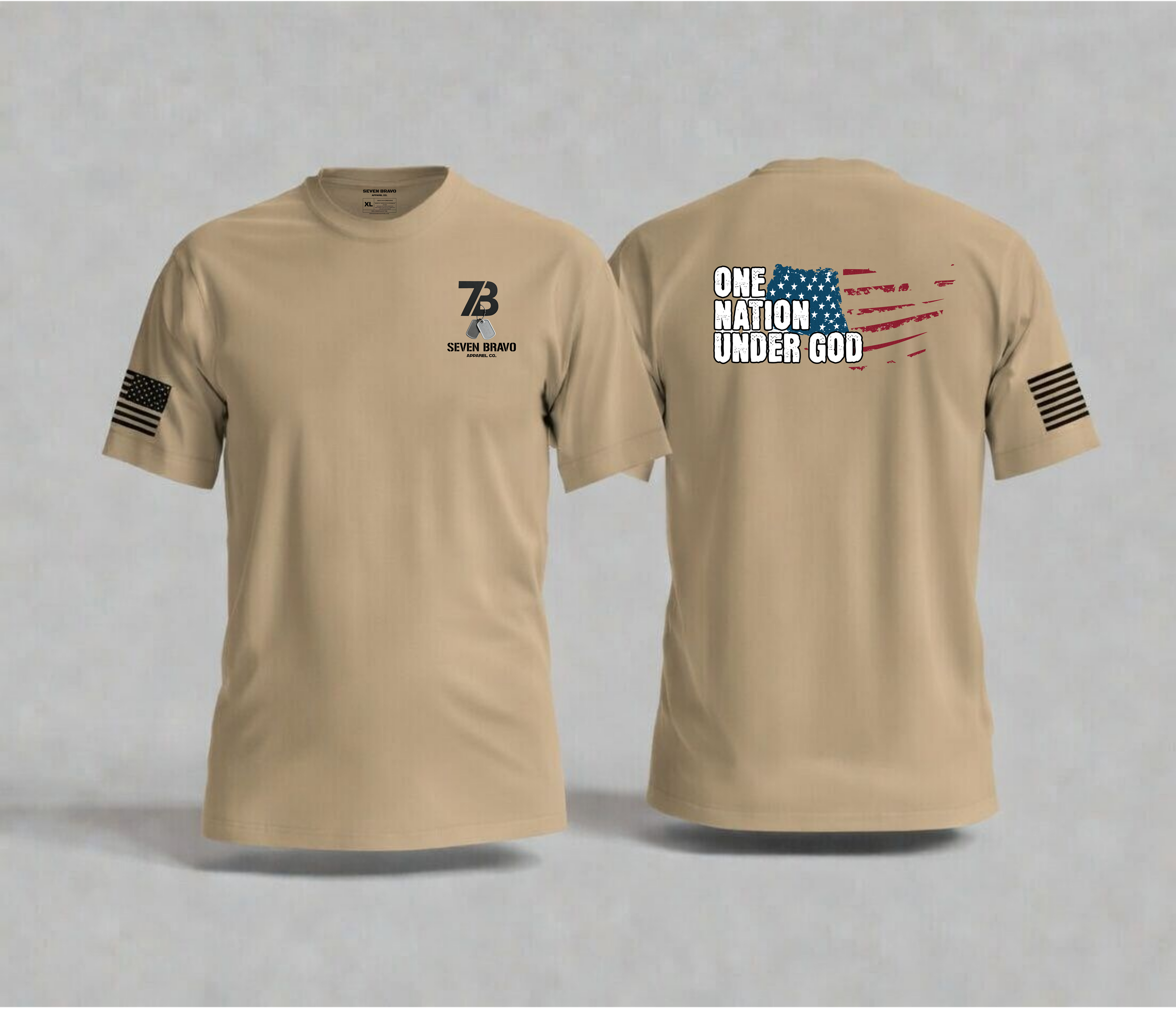 Tan t-shirt with seven bravo logo on front and color designs on back