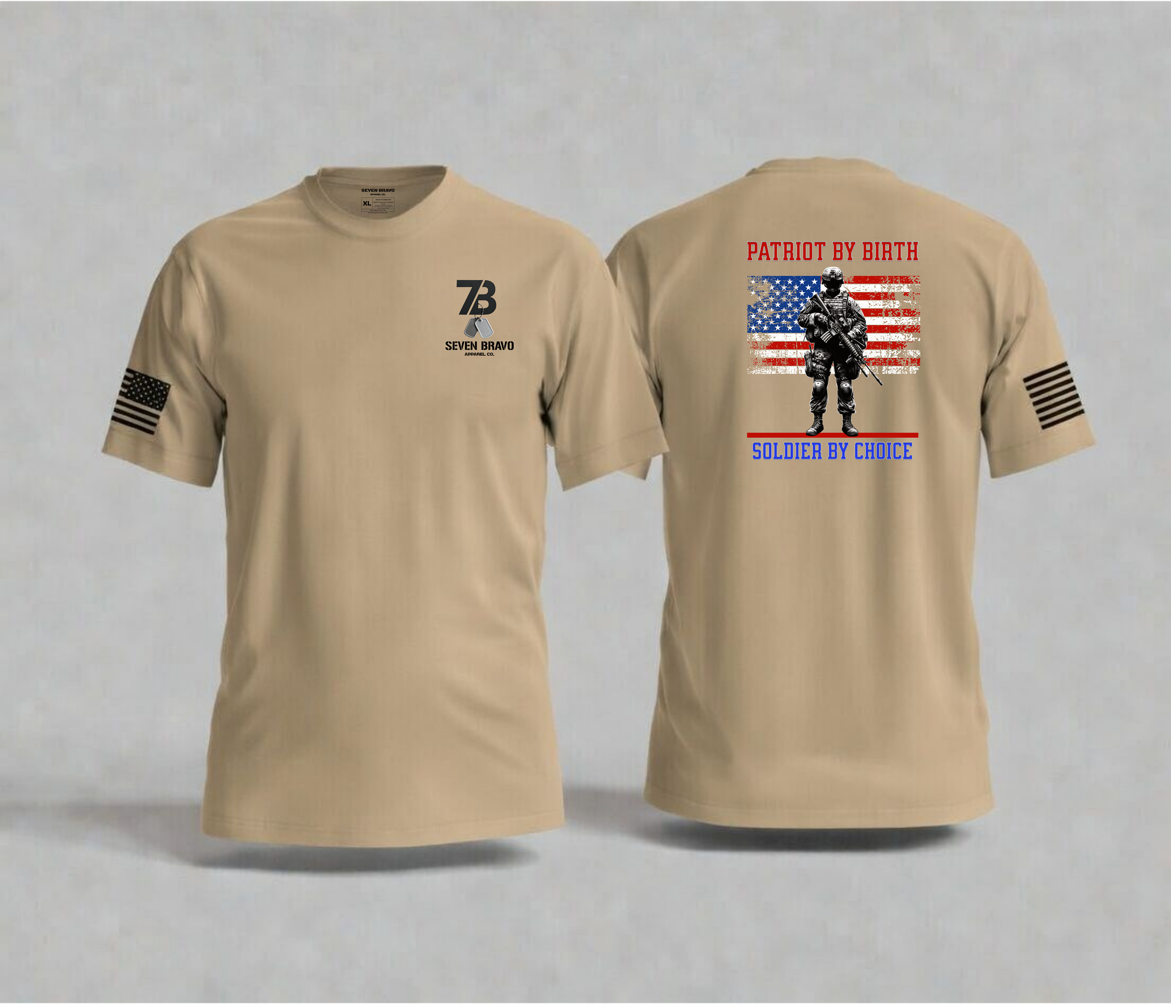 Tan t-shirt with front and back designs on a gray background