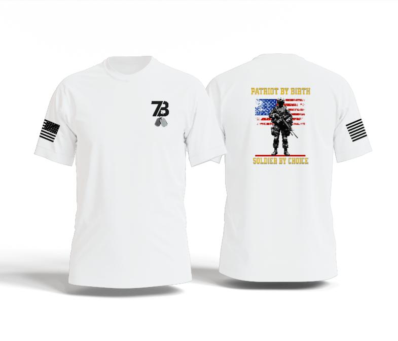 White t-shirt with military-themed graphics and text on a white background