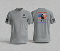 Gray t-shirt with front and back designs on a light gray background