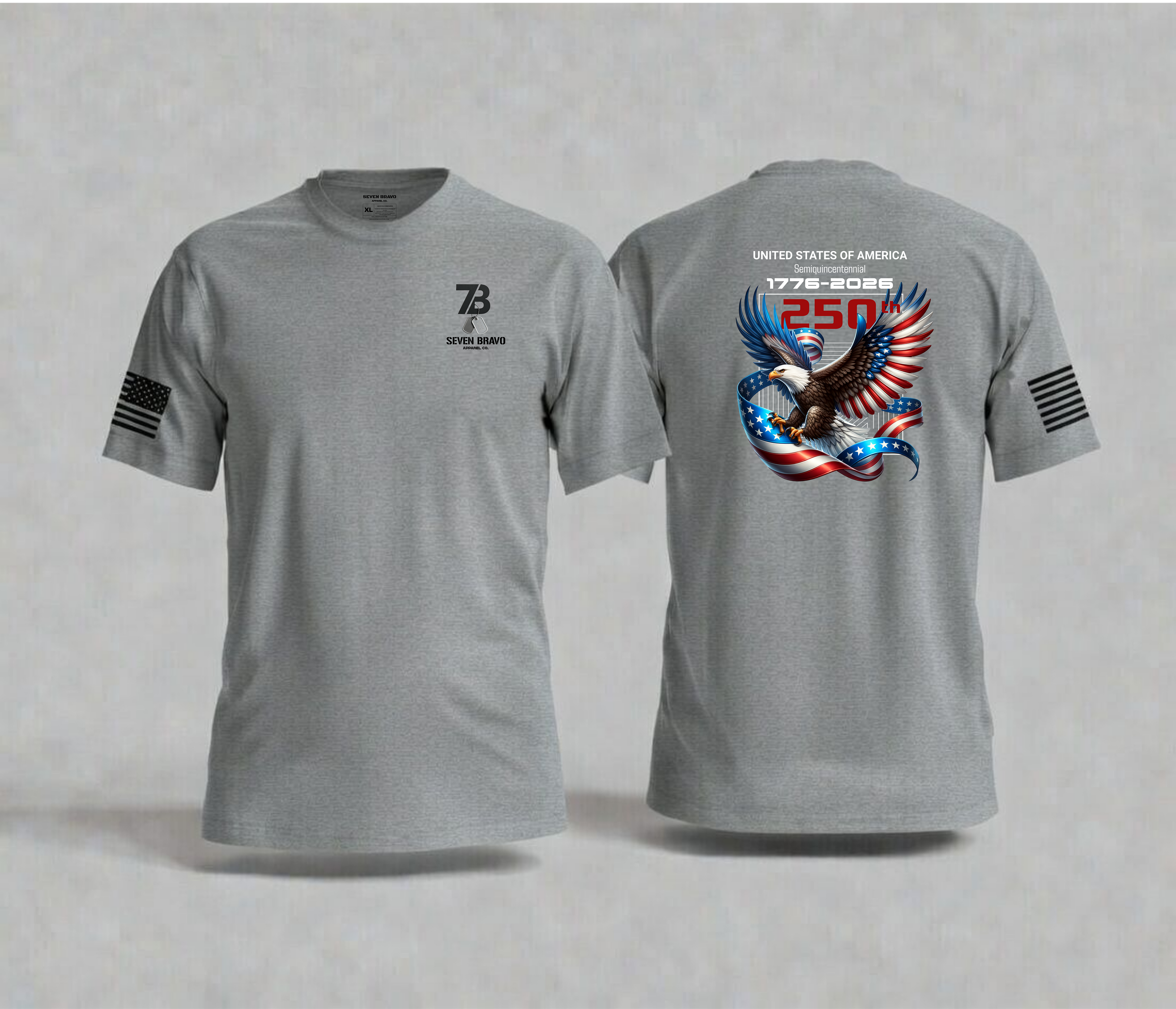 Grey t-shirt with seven bravo logo on front and eagle design on back