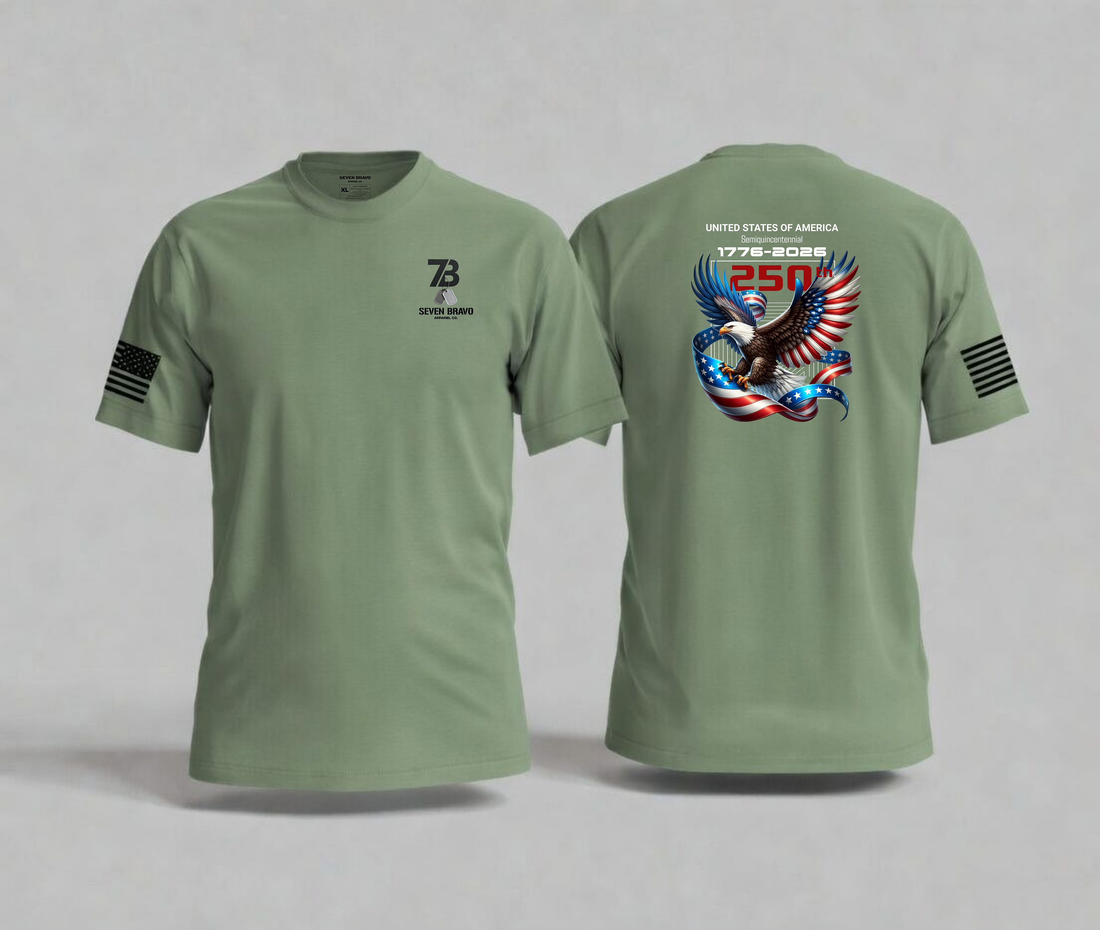 Green t-shirt with seven bravo logo on front and eagle design on back