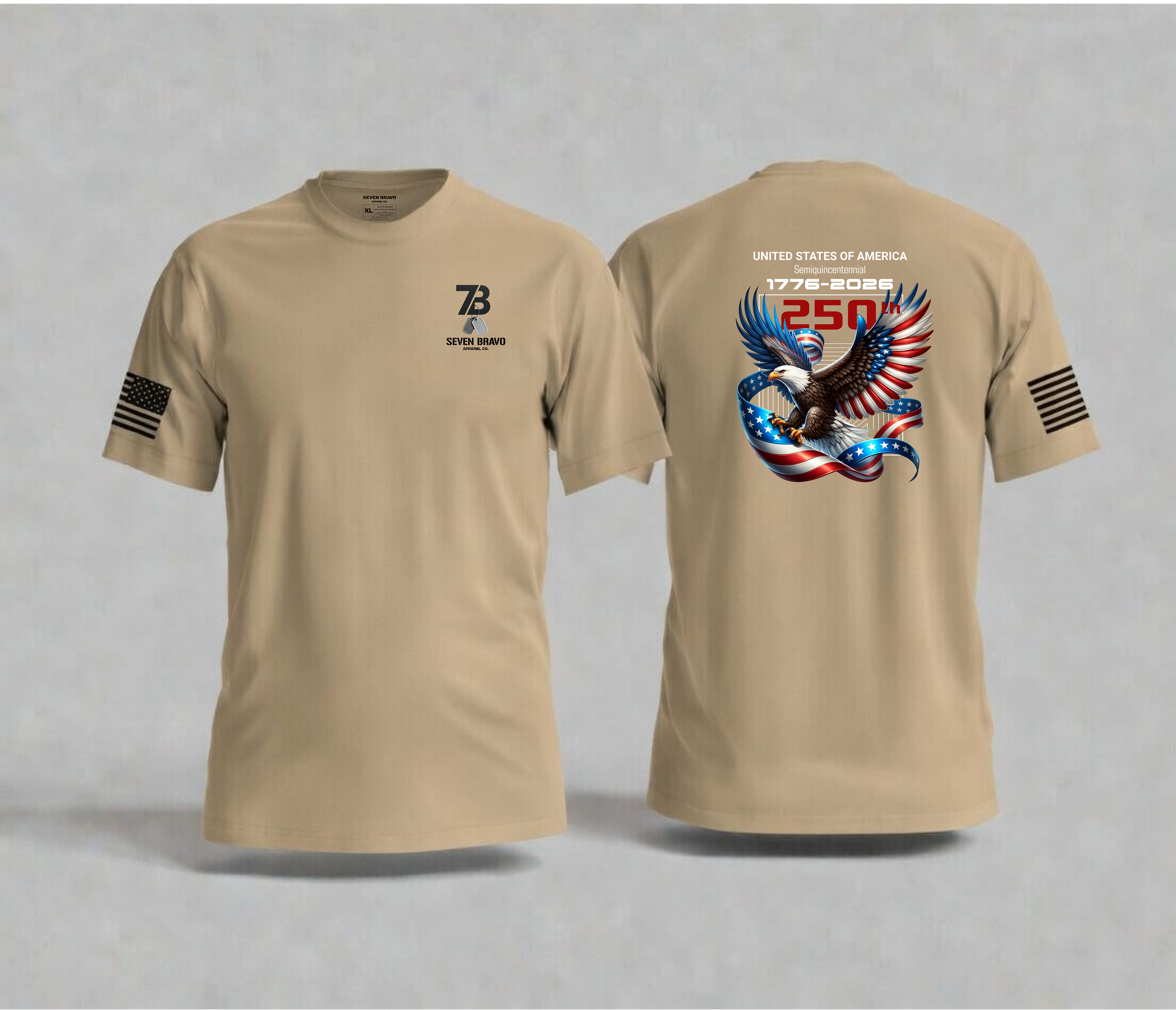 Tan t-shirt with seven bravo logo on front and eagle design on back