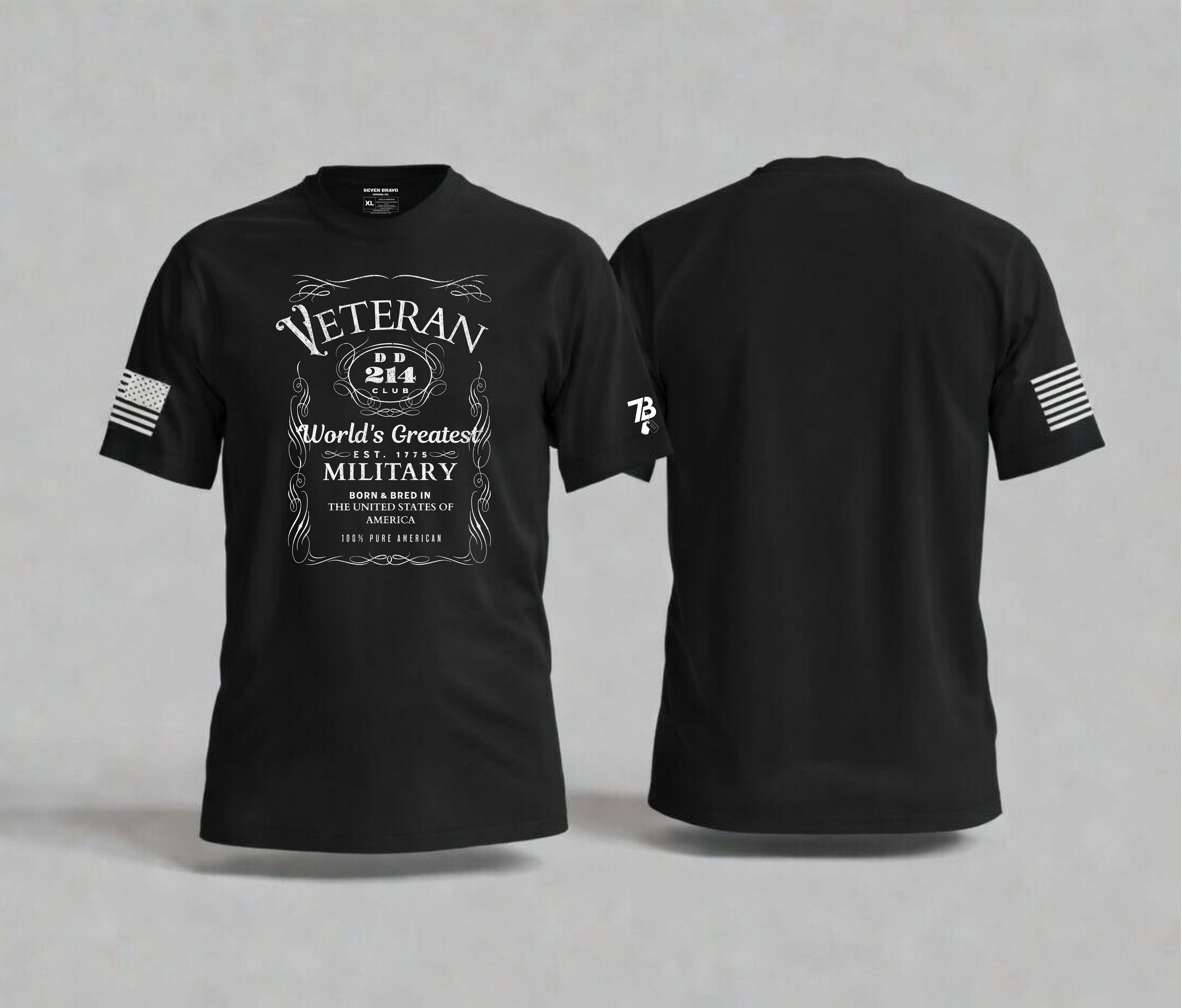 Black t-shirt with 'Veteran' and 'World's Greatest Military' text on front and seven bravo logo on sleeve